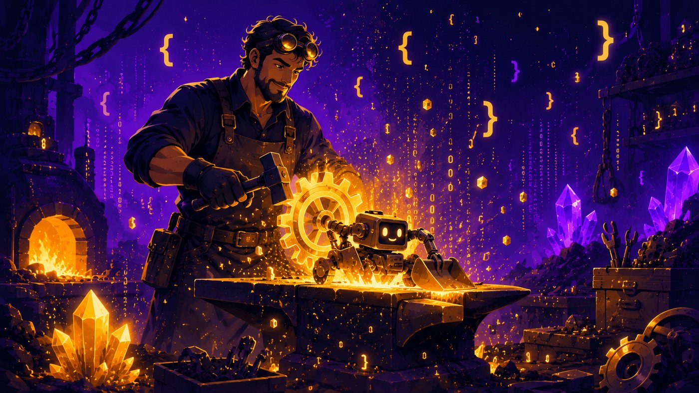 A craftsman forging a custom data-scraping tool at a glowing workbench